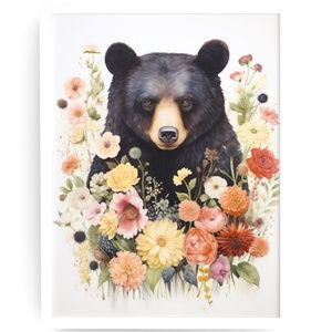 Watercolor Floral Black Bear Portrait Wall Art Illustration Print Unframed